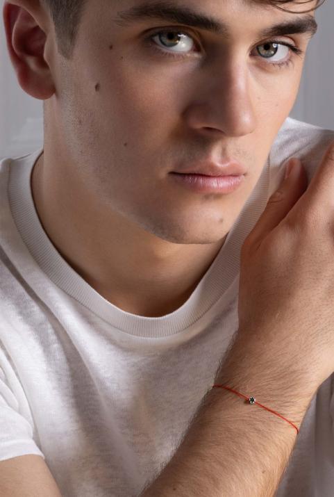 String Bracelet For Men with 0.05ct Round Black Diamond in White Gold Cluster Setting - Redline - 0++