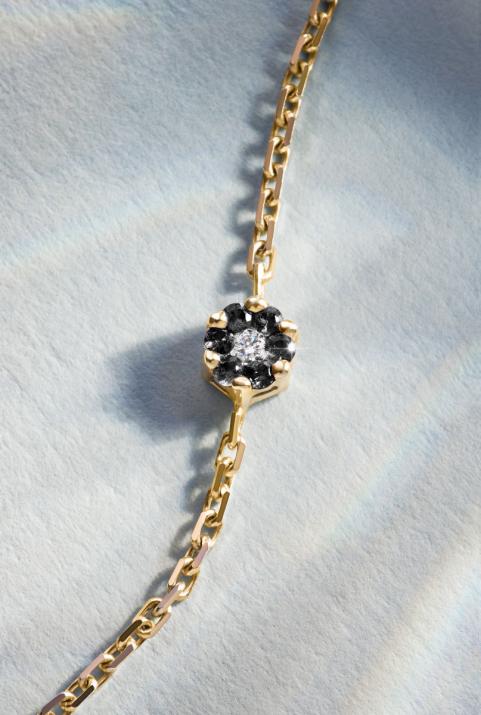 Chain bracelet with black diamonds and a white diamond in yellow gold cluster style setting - Redline - 0++