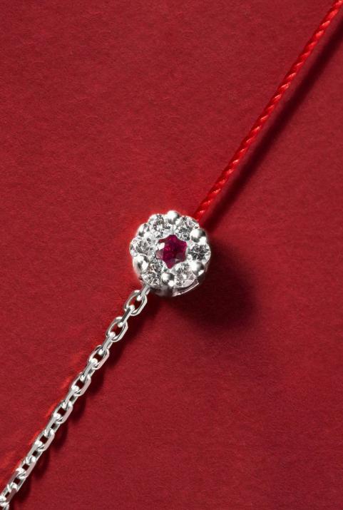 String and chain bracelet with white diamonds and a pink sapphire in white gold cluster style setting - Redline - 0++