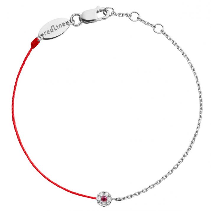 String and chain bracelet with white diamonds and a pink sapphire in white gold cluster style setting - Redline - 0++