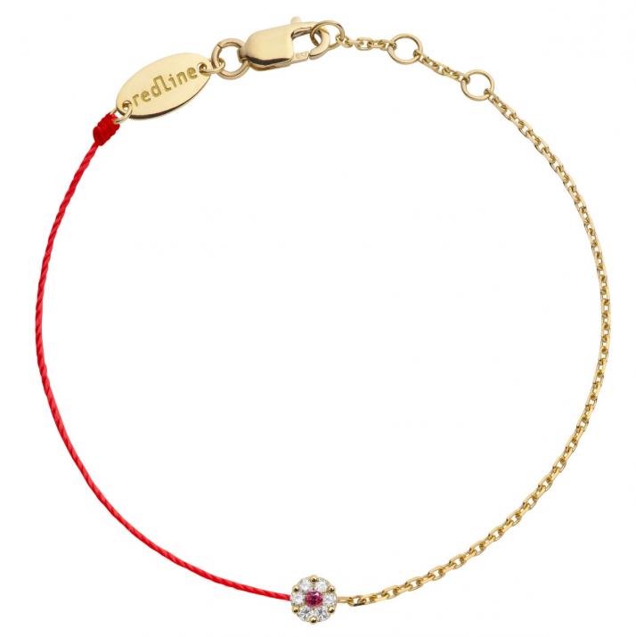 String and chain bracelet with white diamonds and a pink sapphire in yellow gold cluster style setting - Redline - 0++