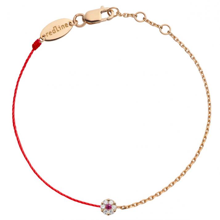 String and chain bracelet with white diamonds and a pink sapphire in rose gold cluster style setting - Redline - 0++