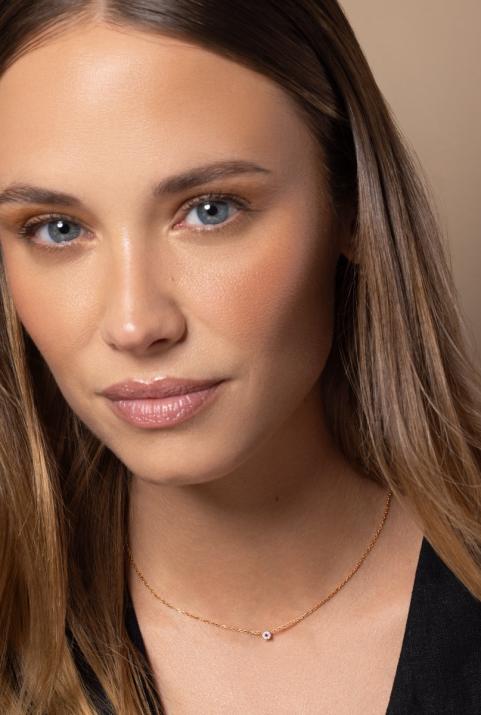 Chain necklace with white diamonds and a pink sapphire in rose gold cluster style setting - Redline - 0++