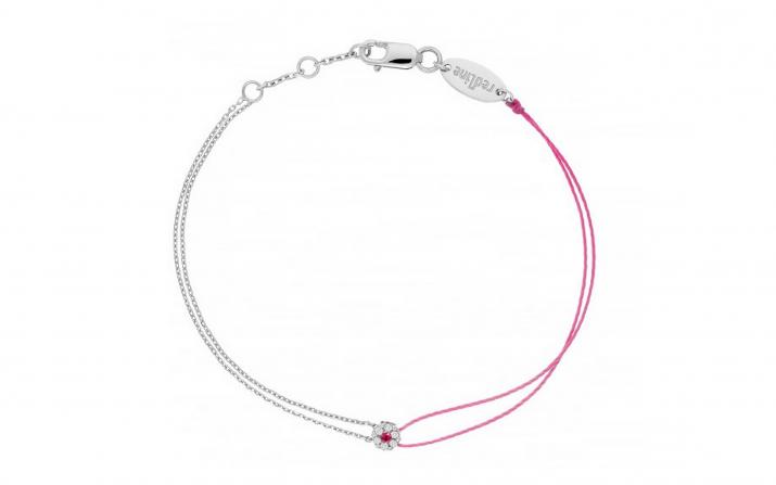 String and chain bracelet with white diamonds and a pink sapphire in white gold cluster style setting - Redline - 0++