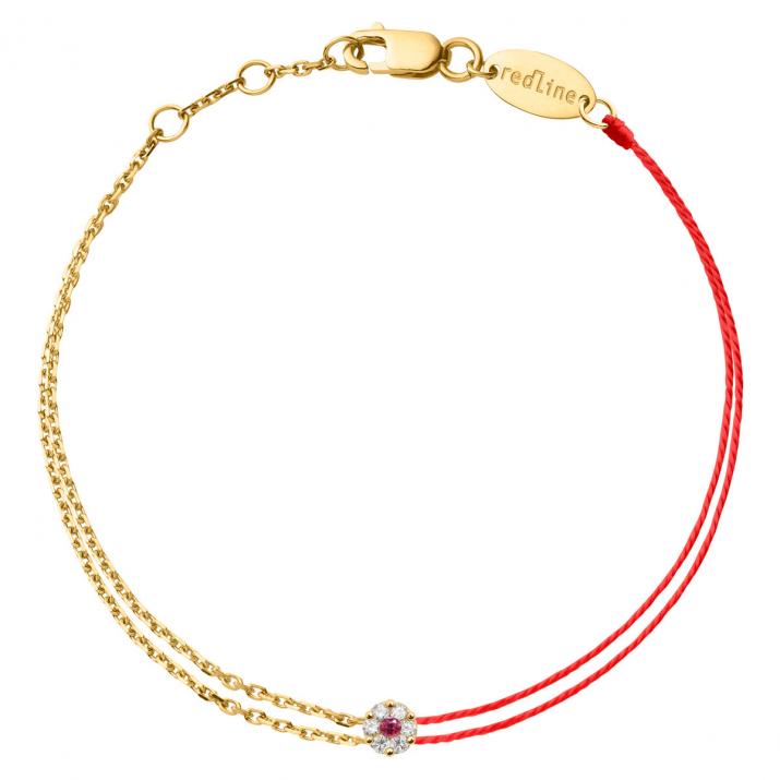 String and chain bracelet with white diamonds and a pink sapphire in yellow gold cluster style setting - Redline - 0++