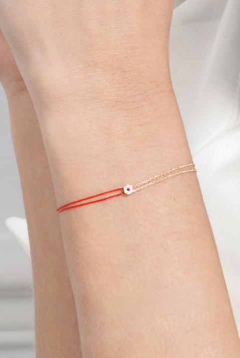 Pulsera de hilo y cadena en oro rosa con diamantes de 0,05 ct y zafiro rosa - Redline - 0++