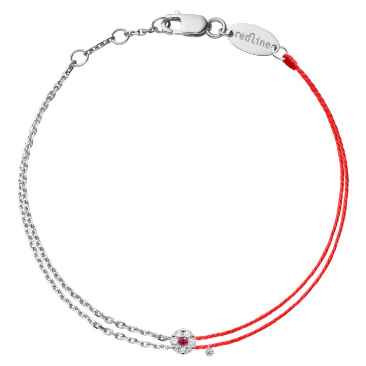 String and chain bracelet with white diamonds and a pink sapphire in white gold cluster style setting - Redline - 0++