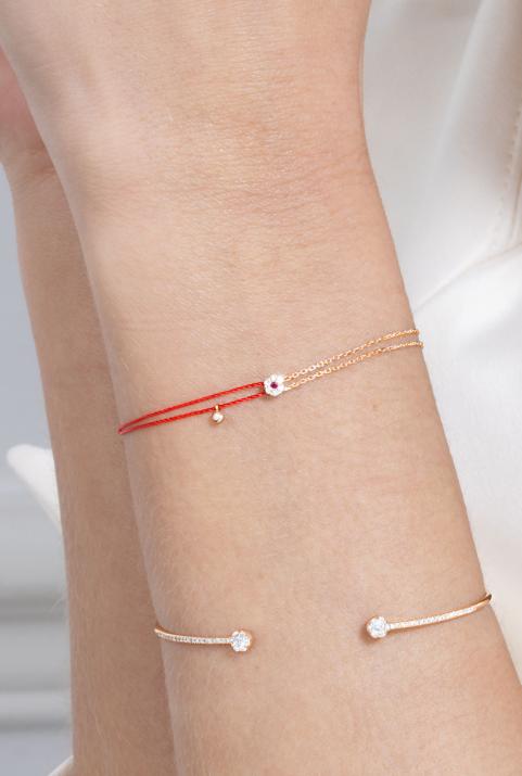 Pulsera de hilo y cadena en oro rosa con diamantes de 0,06 ct y zafiro rosa - Redline - 0++