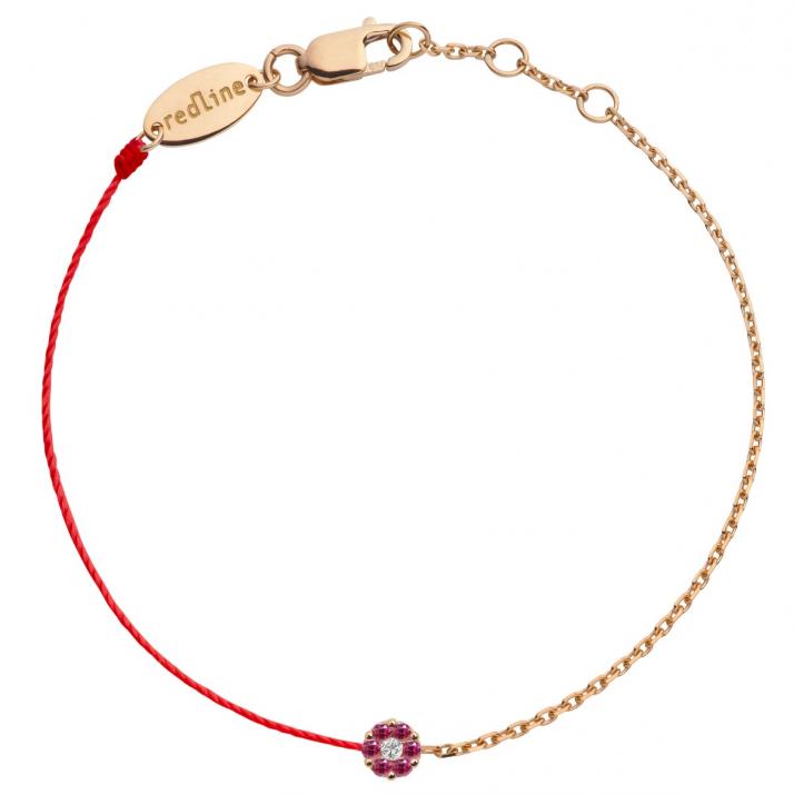 String and chain bracelet with pink sapphires and a white diamond in rose gold cluster style setting - Redline
