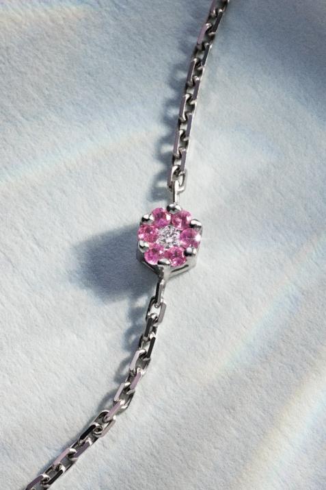 Chain Bracelet For Women with 0.01ct Round Diamond and Rose Sapphire in Black Gold Cluster Setting - Redline - 0++