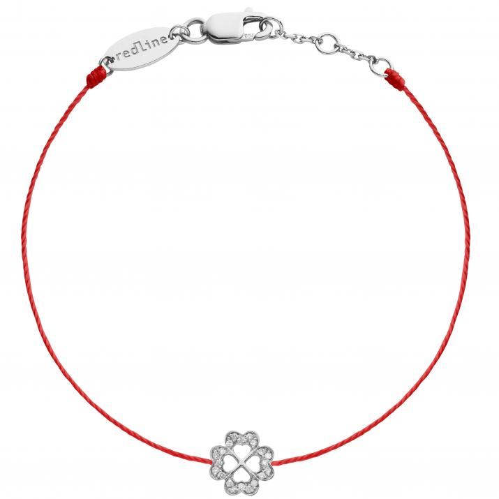 String bracelet with diamond-paved 4-leaf clover in white gold - Redline
