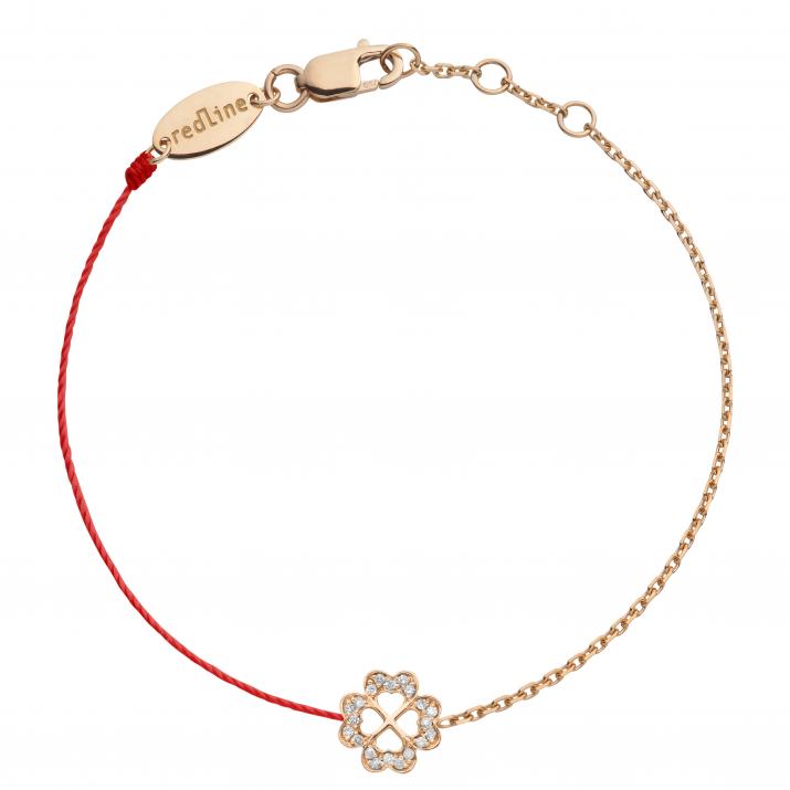 String and chain bracelet with diamond-paved 4-leaf clover in rose gold - Redline
