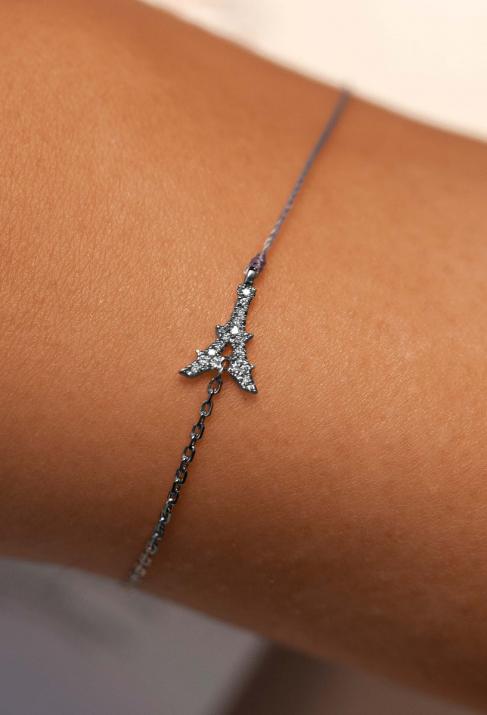 String and chain bracelet with diamond-paved Eiffel Tower in black gold - Redline - 0++
