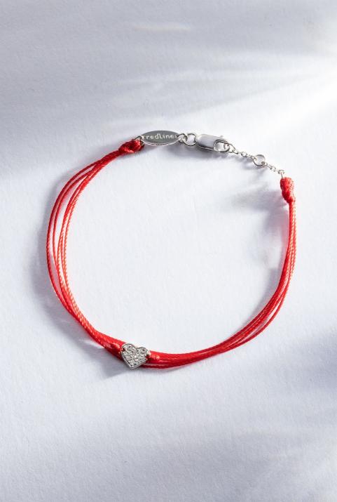 Embroidered string bracelet with diamond-paved heart in white gold - Redline - 0++