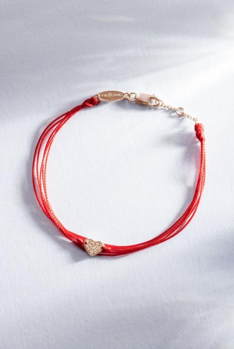 Embroidered string bracelet with diamond-paved heart in rose gold - Redline - 0++