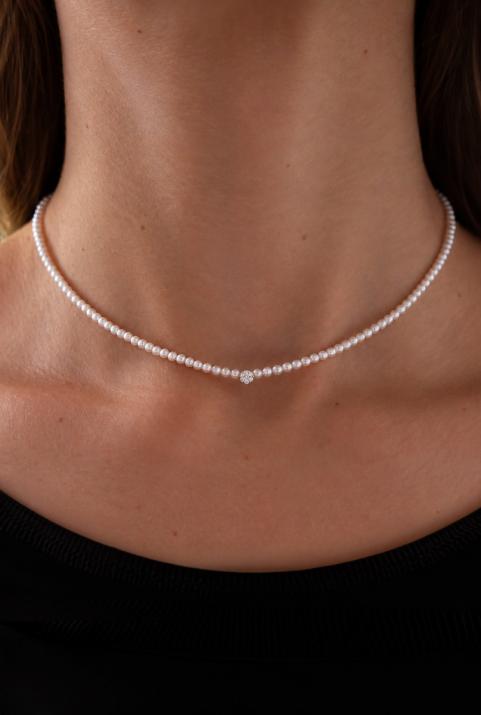 Collar de perlas con diamante illusion con base en oro blanco - Redline - 0++