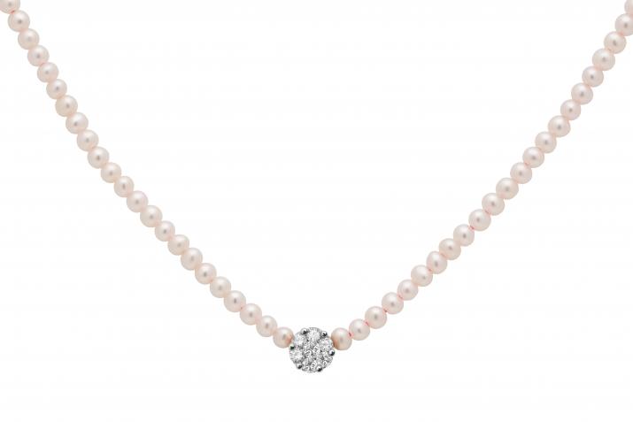 Collar de perlas con diamante illusion con base en oro blanco - Redline - 0++