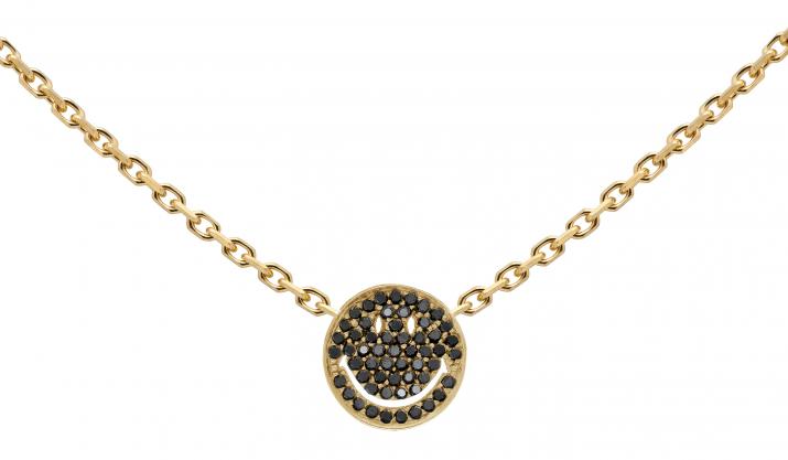 Yellow gold chain necklace with pave black diamonds smiley - Redline