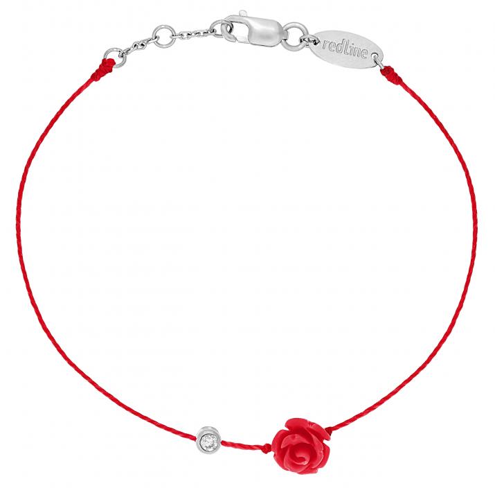 Pulsera en hilo con diamante de 0.10ct y rosa en base de oro blanco - Redline - 0++