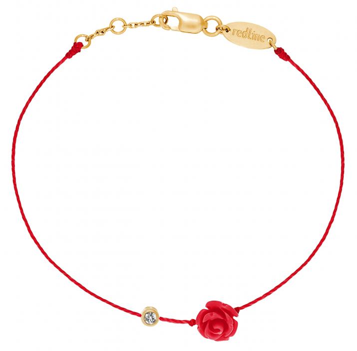 Pulsera en hilo con diamante de 0.10ct y rosa en base de oro amarillo - Redline - 0++