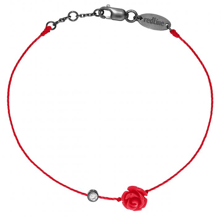 Pulsera en hilo con diamante de 0.10ct y rosa en base de oro negro - Redline - 0++