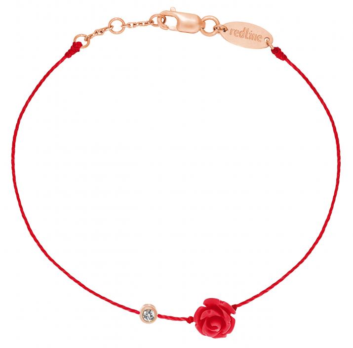 Pulsera en hilo con diamante de 0.10ct y rosa en base de oro rosa - Redline - 0++