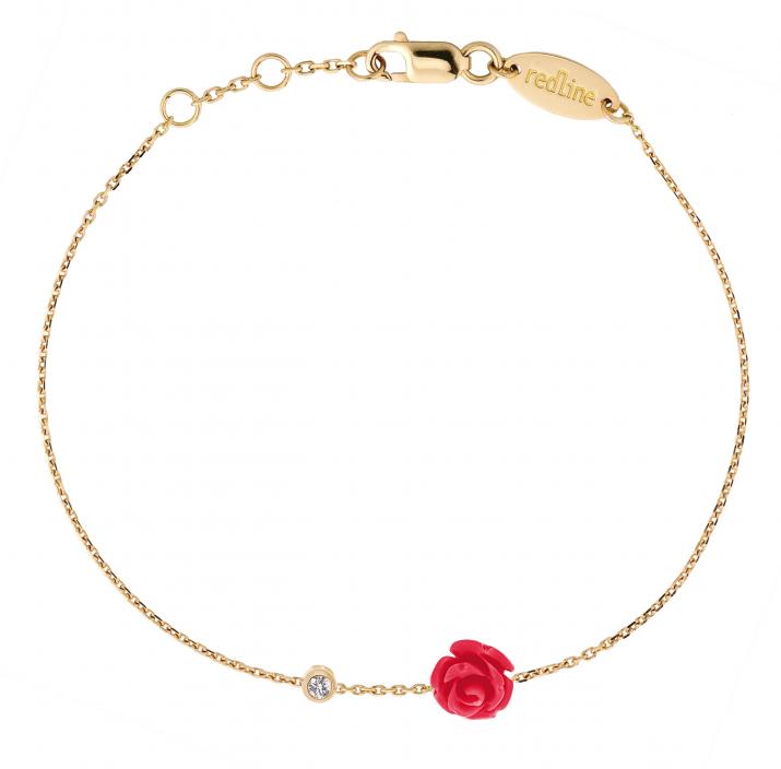 Pulsera en cadena con diamante de 0.10ct y rosa en base de oro amarillo - Redline - 0++