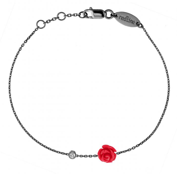 Pulsera en cadena con diamante de 0.10ct y rosa en base de oro negro - Redline - 0++