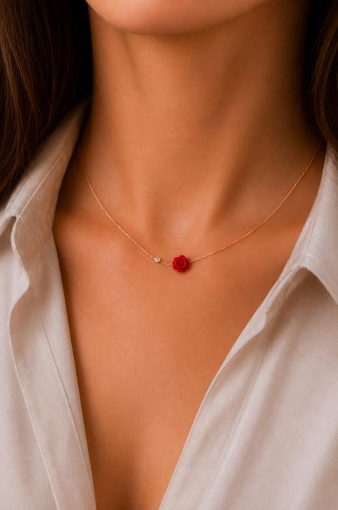 Collar en cadena con diamante de 0.5ct y rosa en base de oro rosa - Redline - 0++