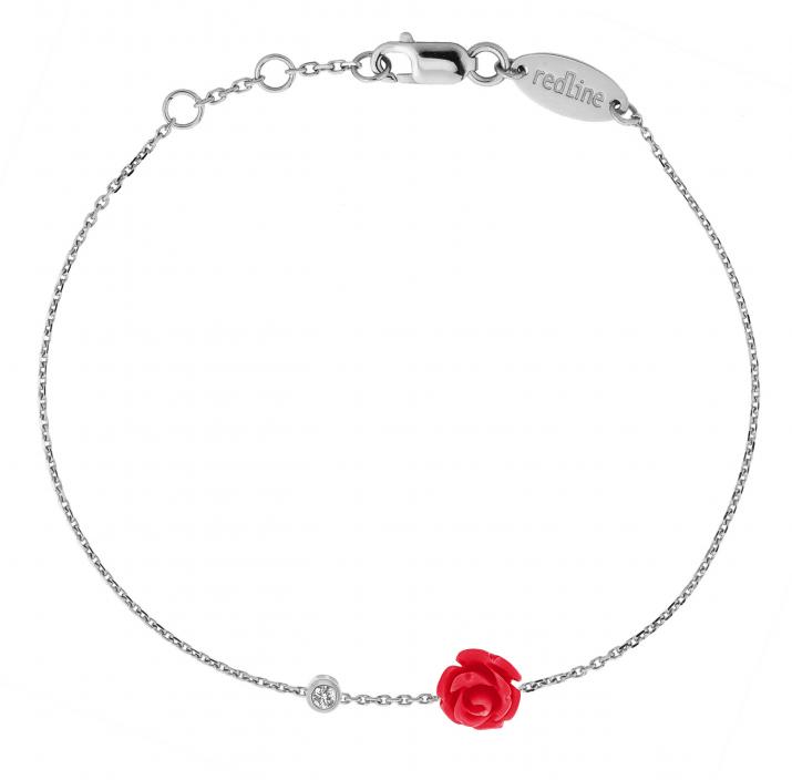 Pulsera en cadena con diamante de 0.10ct y rosa en base de oro blanco - Redline - 0++