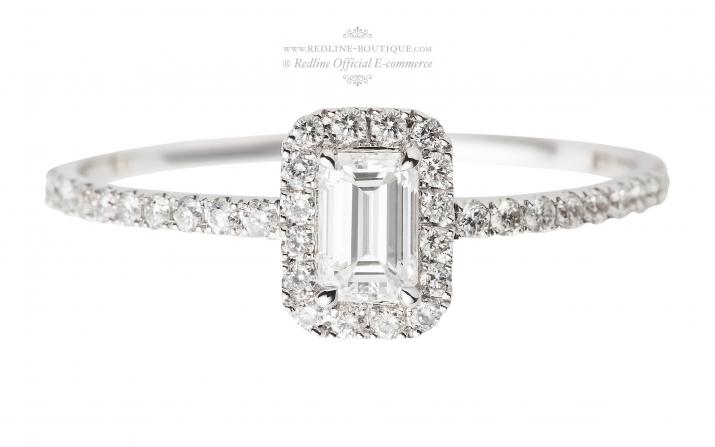 Ring band with emerald-cut diamond in white gold prong setting - Redline - 0++