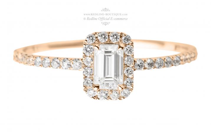 Ring band with emerald-cut diamond in rose gold prong setting - Redline - 0++