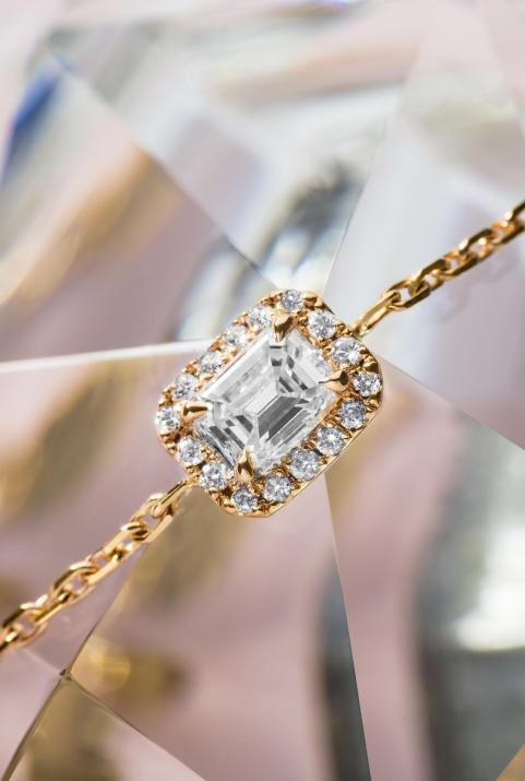 Chain bracelet with emerald-cut diamond in rose gold prong setting - Redline - 0++