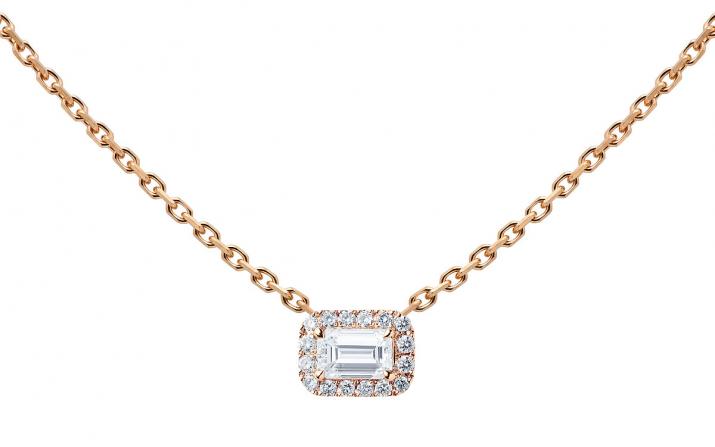 Chain necklace with emerald-cut diamond in rose gold prong setting - Redline - 0++
