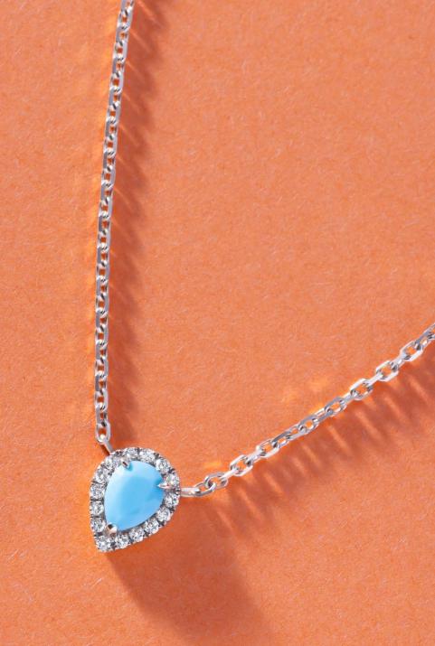 Turquoise and diamonds chain necklace in white gold prong setting - Redline - 0++