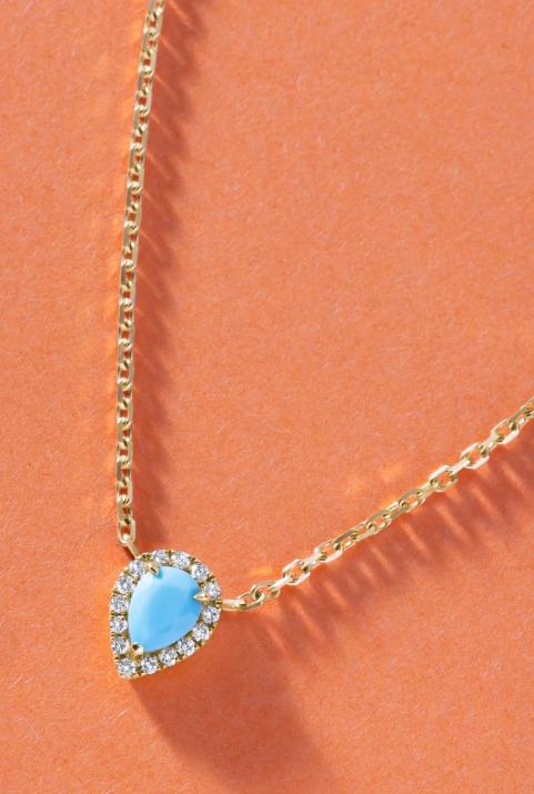 Turquoise and diamonds chain necklace in yellow gold prong setting - Redline - 0++