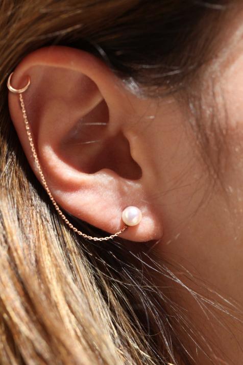 Rose gold chain lobe earrings with Akoya pearls - Redline - 0++