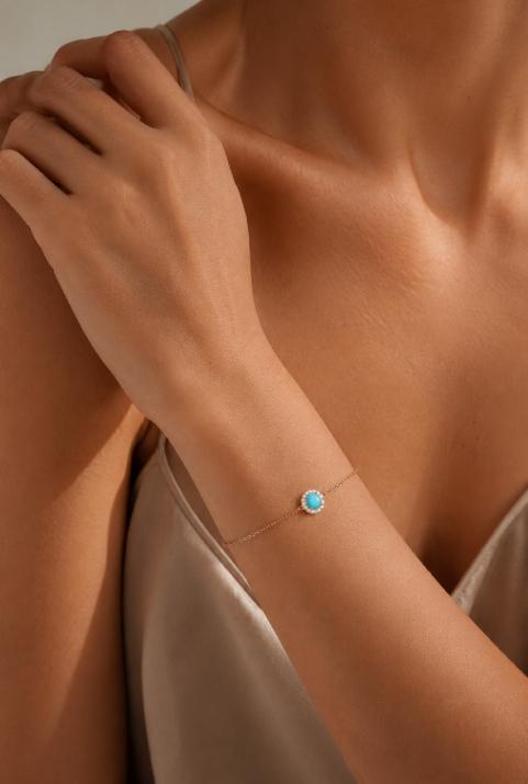 Turquoise and diamonds chain bracelet in rose gold prong setting - Redline - 0++