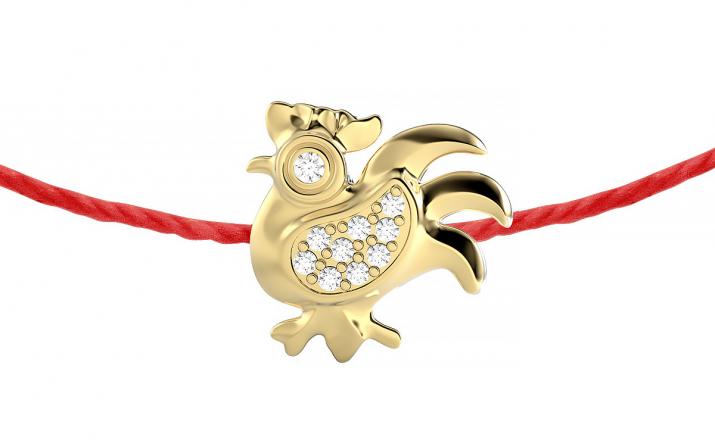 String bracelet with diamond-paved rooster in yellow gold - Redline - 0++