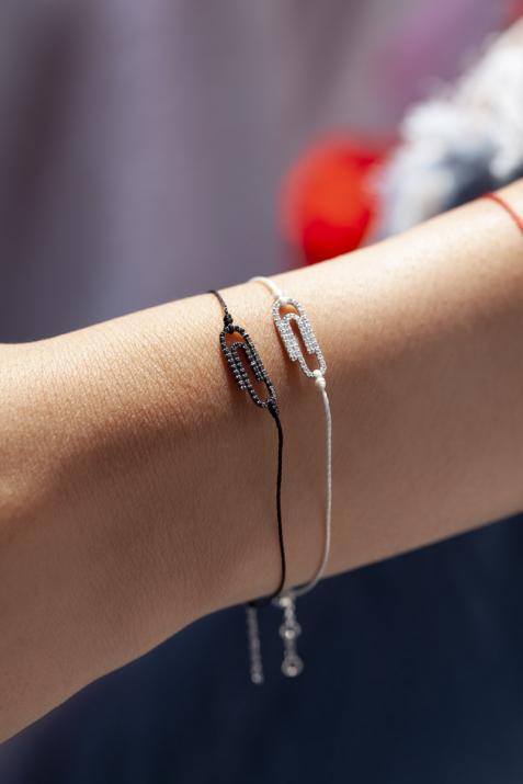 String bracelet with pave black diamonds paper clip in black gold - Redline - 0++