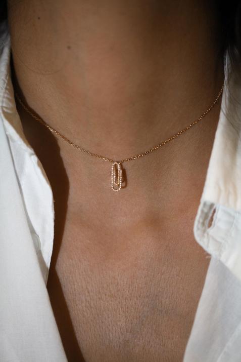 Rose gold chain necklace with diamond-paved paper clip - Redline - 0++