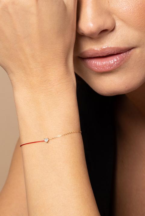 String and chain bracelet with 0.1ct heart shaped diamond in rose gold prong setting - Redline - 0++