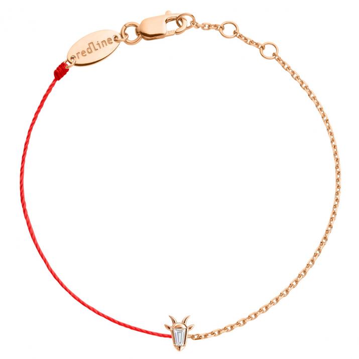 Pulsera mitad hilo mitad cadena en oro rosa 18K, cabeza de cabra y diamante talla trapecio 0,04 ct - Redline