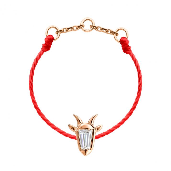 Anillo de cordón en oro rosa 18K, cabeza de cabra y diamante talla trapecio 0,04 ct - Redline