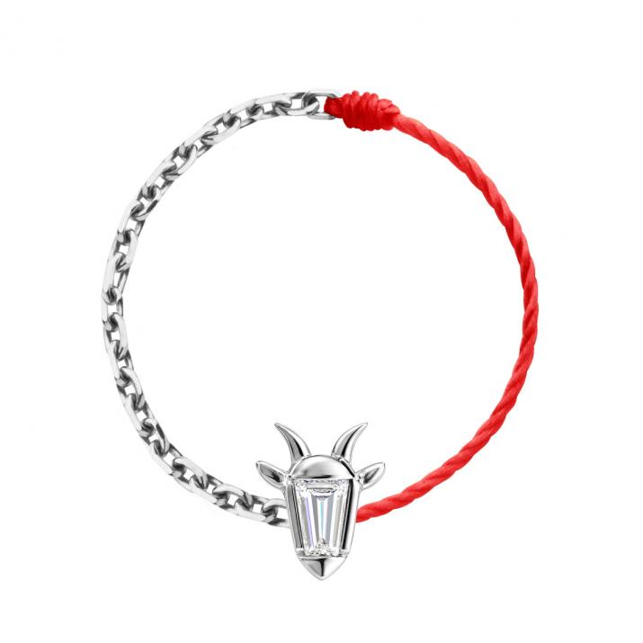 Anillo mitad cordón mitad cadena en oro blanco 18K, cabeza de cabra y diamante talla trapecio 0,04 ct - Redline