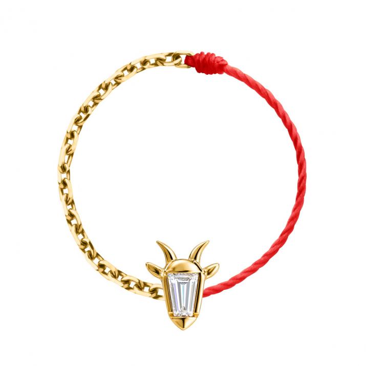 Anillo mitad cordón mitad cadena en oro amarillo 18K, cabeza de cabra y diamante talla trapecio 0,04 ct - Redline