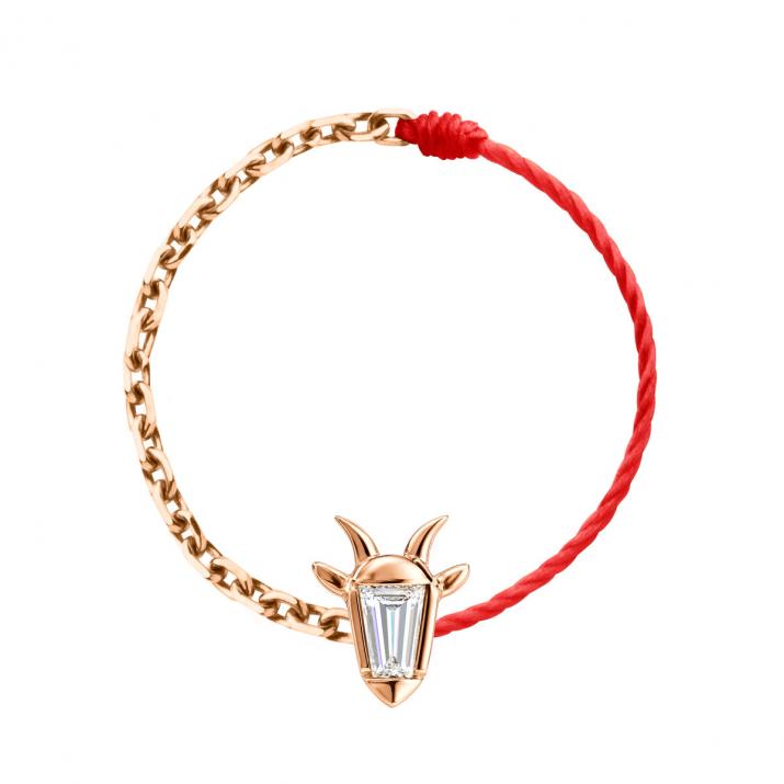 Anillo mitad cordón mitad cadena en oro rosa 18K, cabeza de cabra y diamante talla trapecio 0,04 ct - Redline