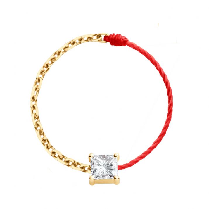 Anillo en hilo y cadena  con diamante princesa de 0.11ct en base de oro amarillo - Redline - 0++