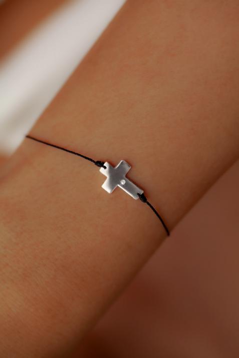 String bracelet with diamond on a cross in white gold - Redline - 0++