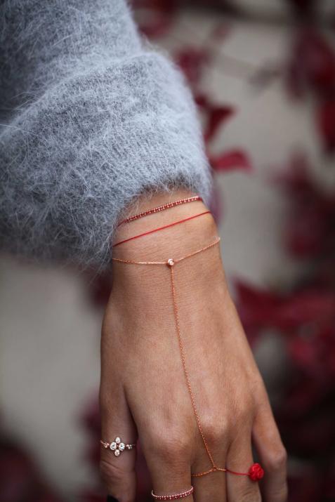 Pulsera en hilo con anillo en cadena con 0.2ct de diamante en base de oro rosa - Redline - 0++